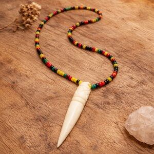 Real Carved Bone Spike Necklace Rasta Seed Beads Long Boho Reggae Unisex